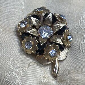 Vintage Estate Leaf‎ & Bloom  Clear Rhinestone Brooch  Jewelry church